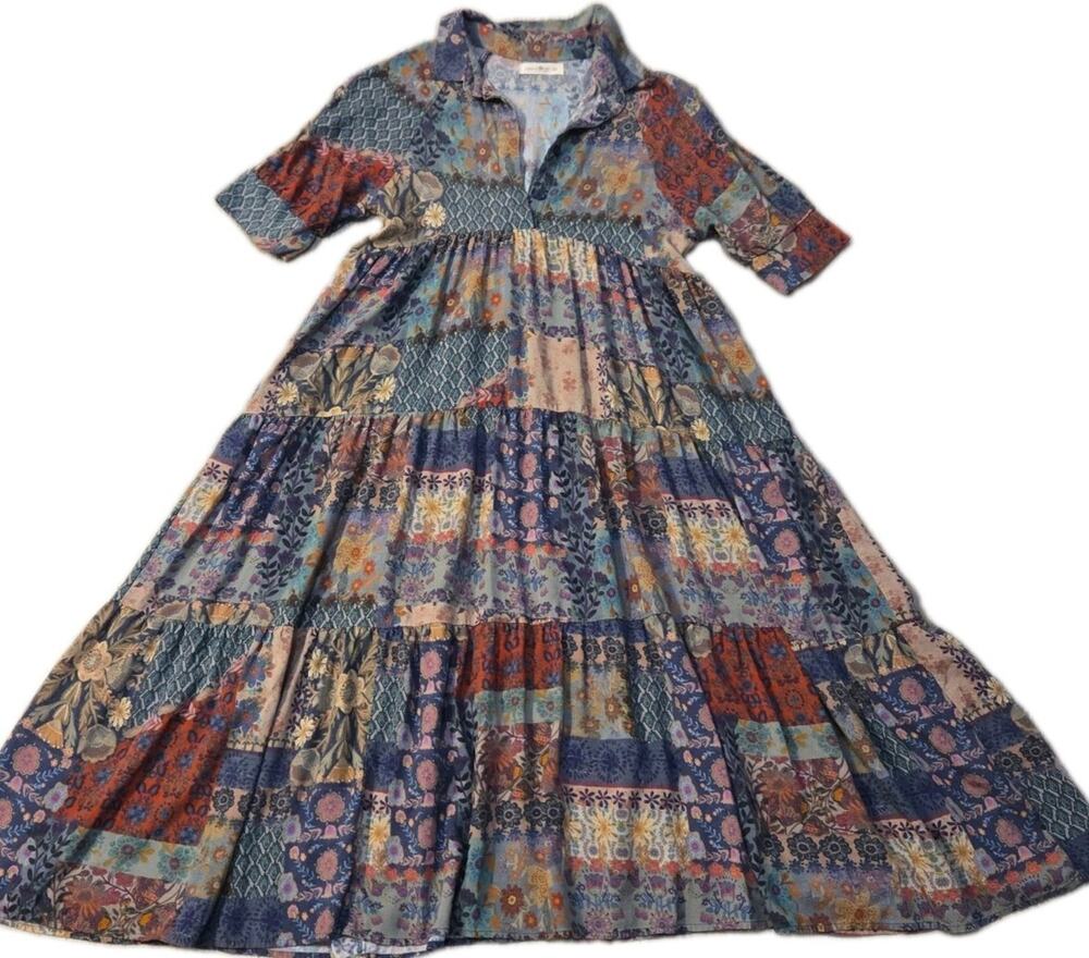 Natural Life Rebecca Midi Dress XS Blue Patchwork Boho Cottagecore Rayon